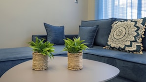 Un salon moderne avec une table ronde, deux plantes en pot et un canapé bleu agrémenté de coussins à motifs.