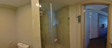 A bathroom with a glass-enclosed shower, a toilet, and a sink.