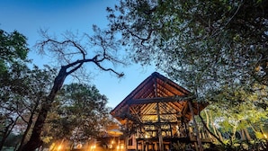 A wooden structure with a thatched roof surrounded by trees, likely a rustic cabin or lodge. - Avoca Private Bushcamp (Bushbuckridge)