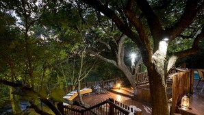 A wooden deck with a railing, surrounded by trees, and a bench. - The Island River Lodge (Hoedspruit)