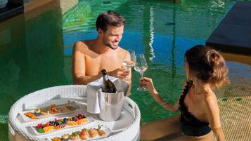 Indoor pool, seasonal outdoor pool, sun loungers, lifeguards on site