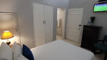 A bedroom with a bed, a TV, a desk, and a chair.