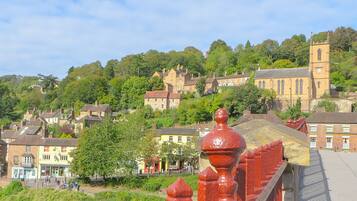 A red metal fence with a balustrade overlooking a town with historic buildings and a church on a hill.
