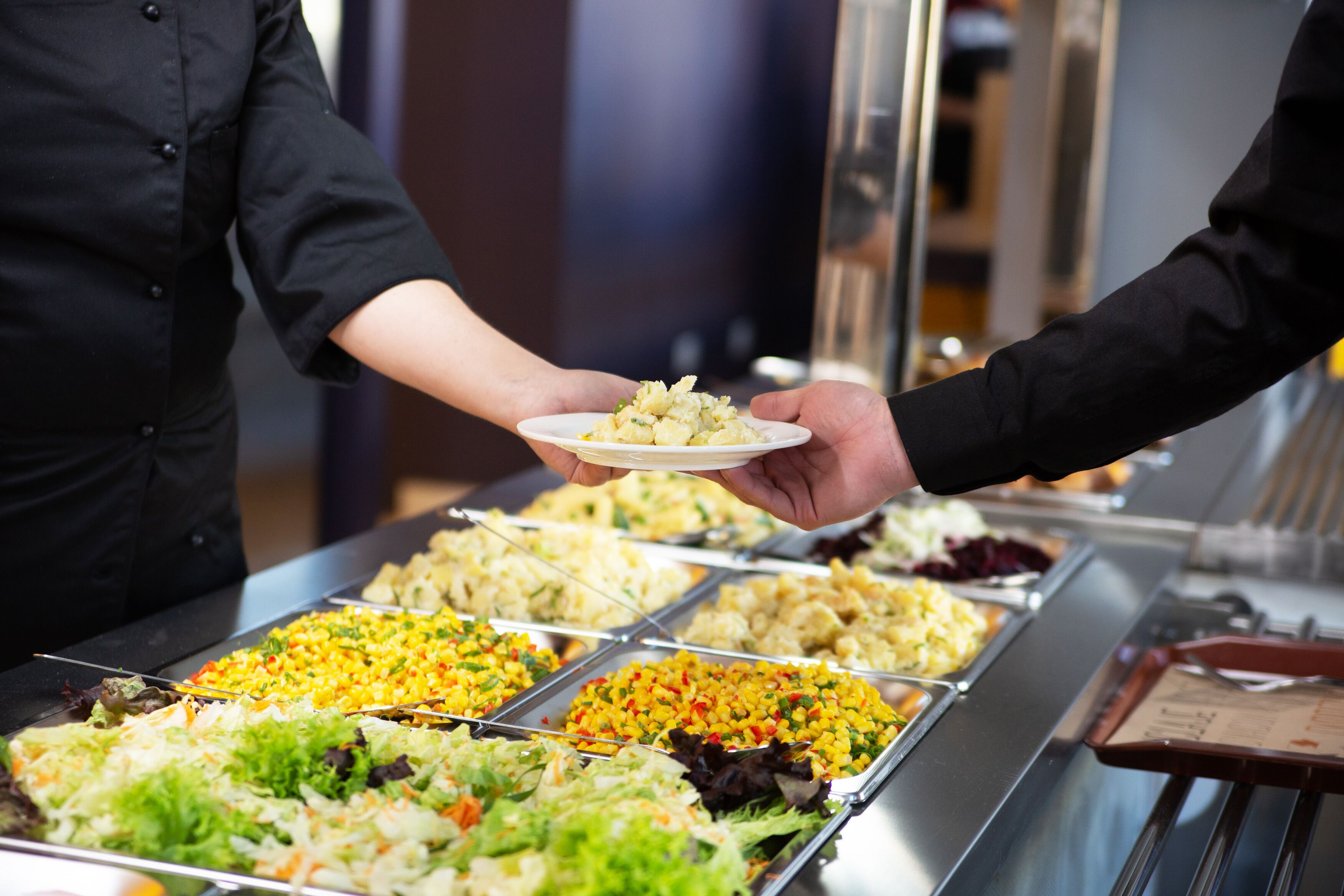 Un buffet proposant une variété de salades et de plats.