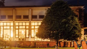 Un edificio con amplios ventanales y un árbol en primer plano.