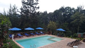 Una piscina con sombrillas azules, sillas de descanso y un camino de piedra.