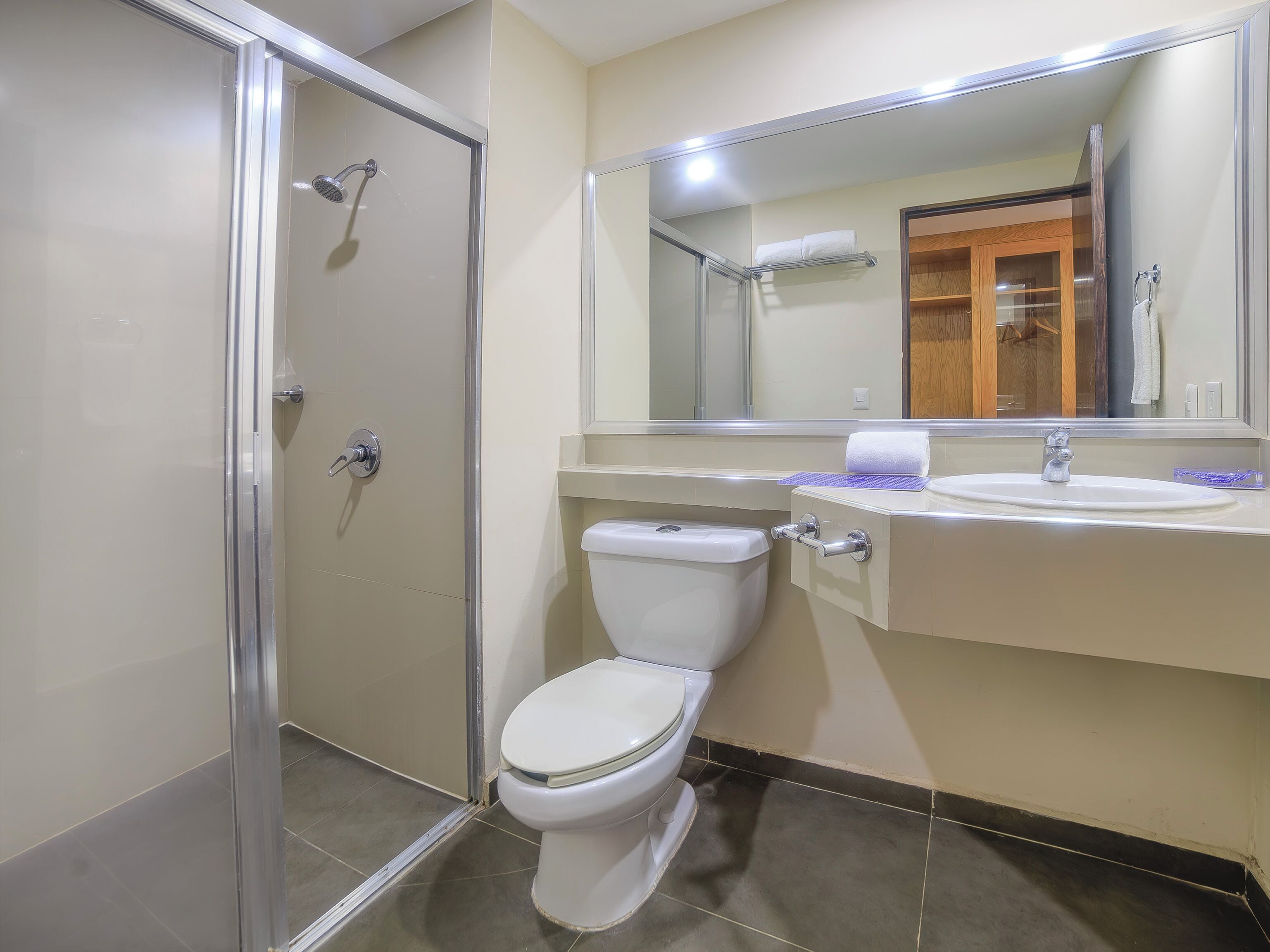 Un baño con ducha de vidrio, inodoro, lavabo con espejo y toallero.