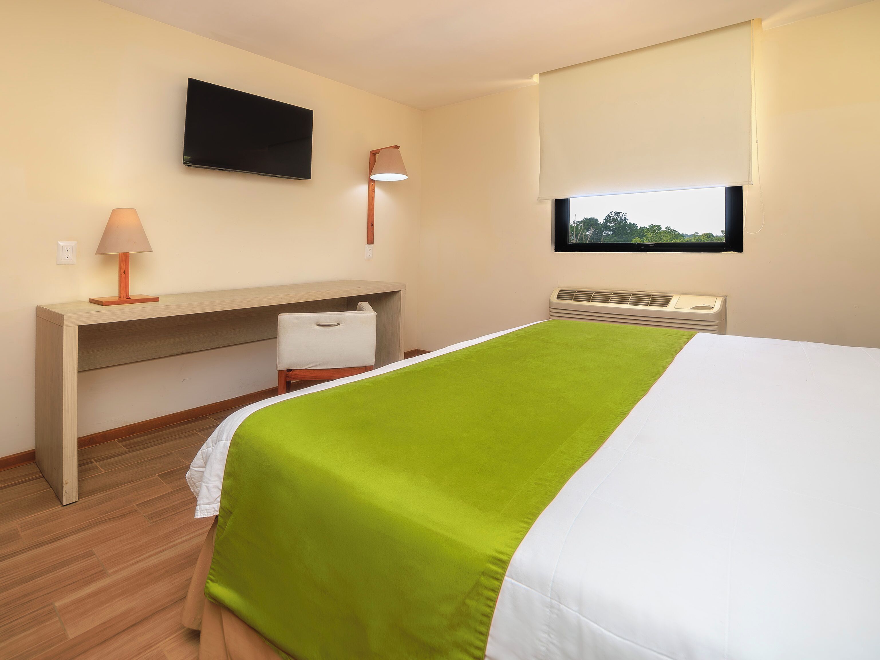 Habitación de hotel con cama, escritorio, silla, televisor y ventana con vistas.