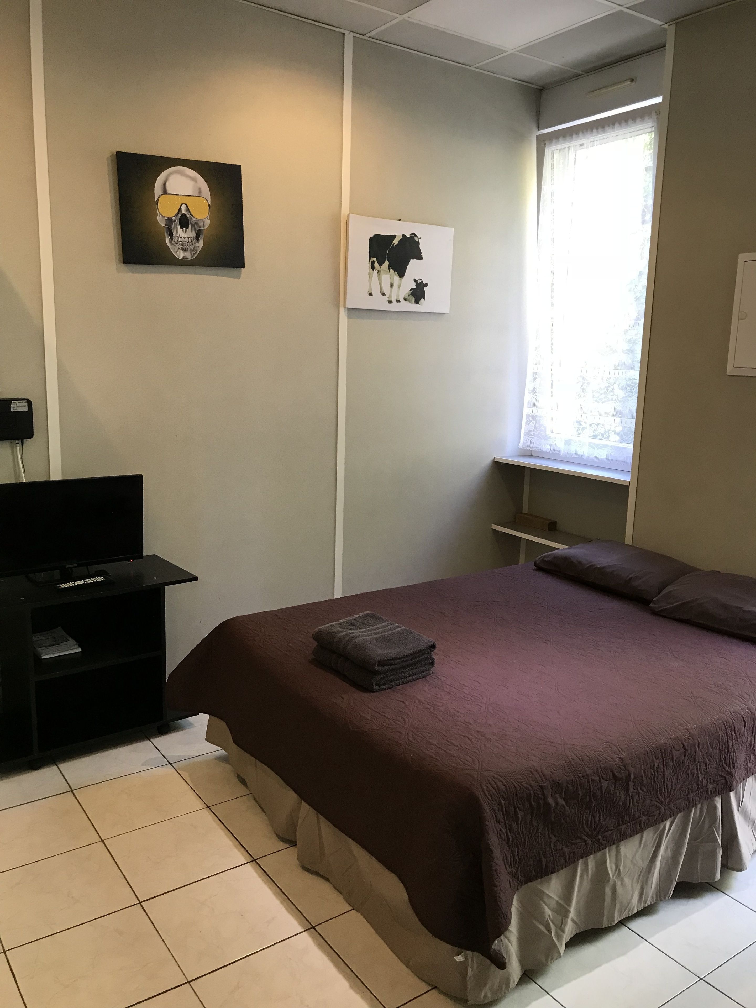 Un dormitorio con una cama, un televisor y obras de arte en la pared.