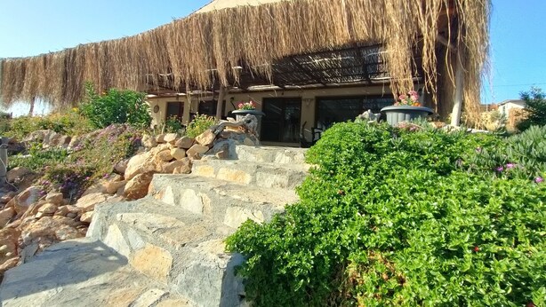 Un edifici amb teulada de palla i escales de pedra que condueixen a l'entrada.