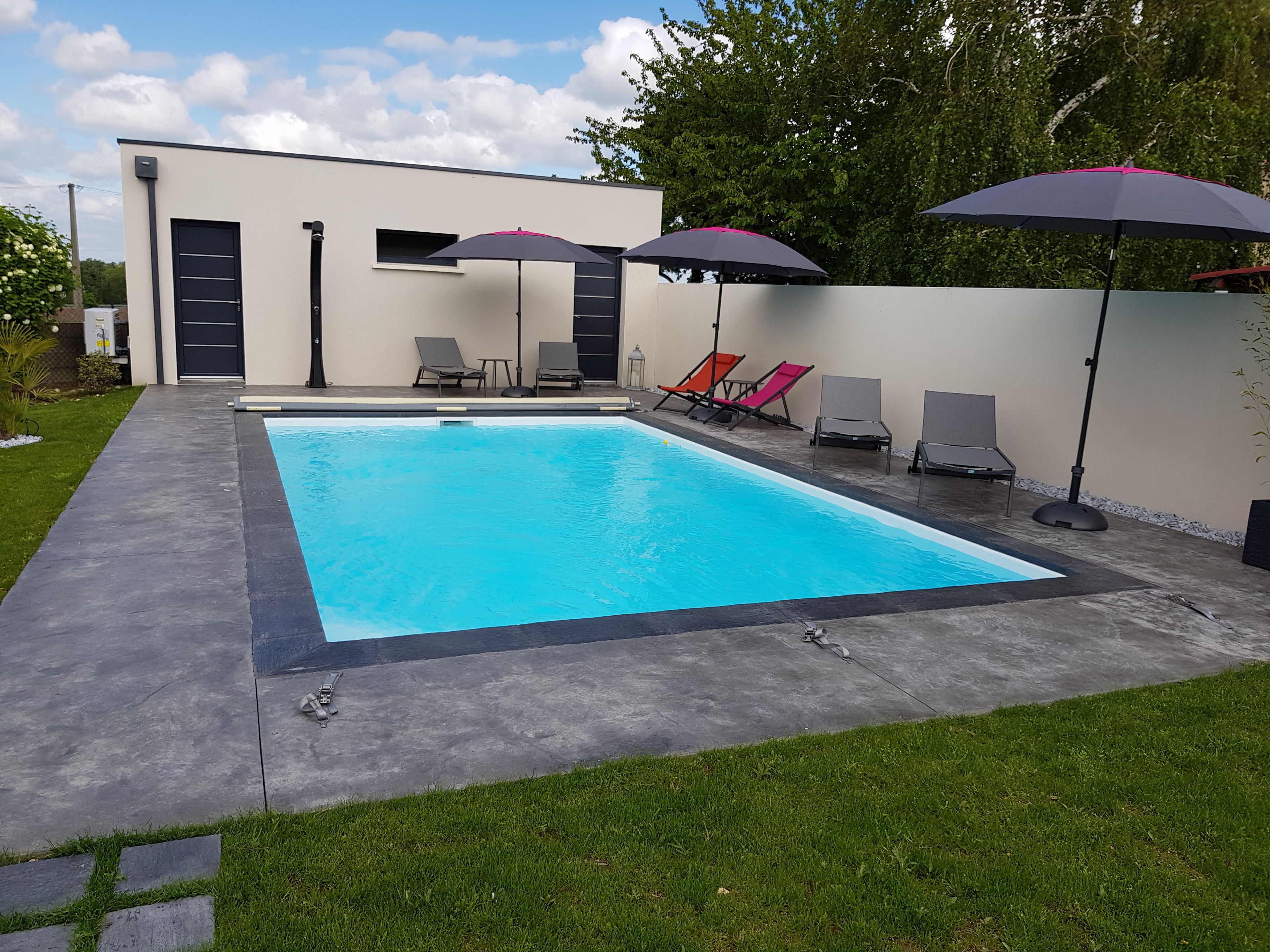 Une piscine rectangulaire avec une plage en béton, entourée d’un petit muret et d’une zone herbeuse.