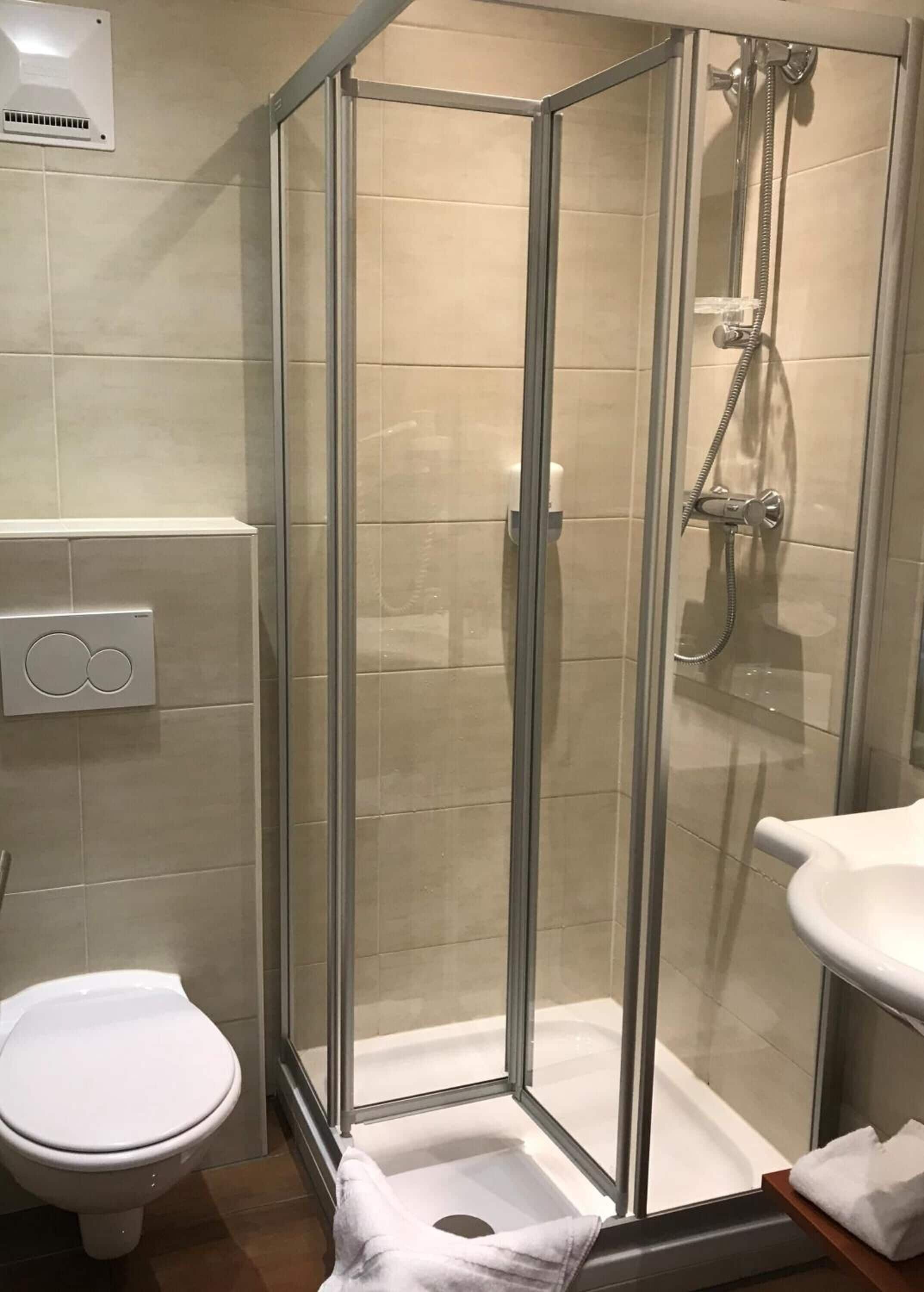 shower, free toiletries, hair dryer, towels