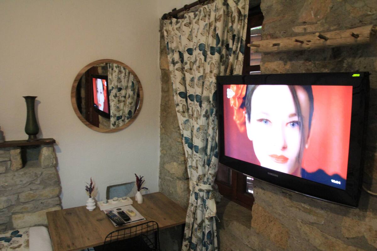 A living room with a stone wall, a wooden table with a vase and a remote control, a television on the wall, and a curtain with a leaf pattern.