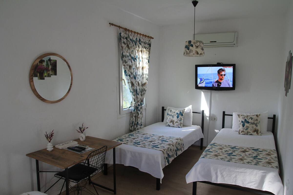 A room with two single beds, a wooden table with a chair, a small desk, a mirror, and a television on the wall.