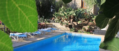 Seasonal outdoor pool, open 11:00 AM to 8:00 PM, pool umbrellas