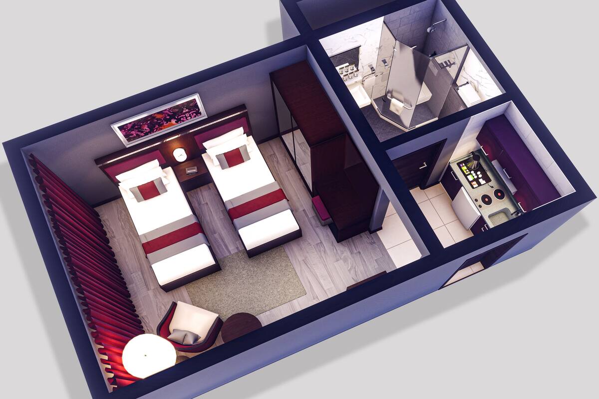 A 3D floor plan of a hotel room with two beds, a desk, a chair, a bathroom, and a small seating area.