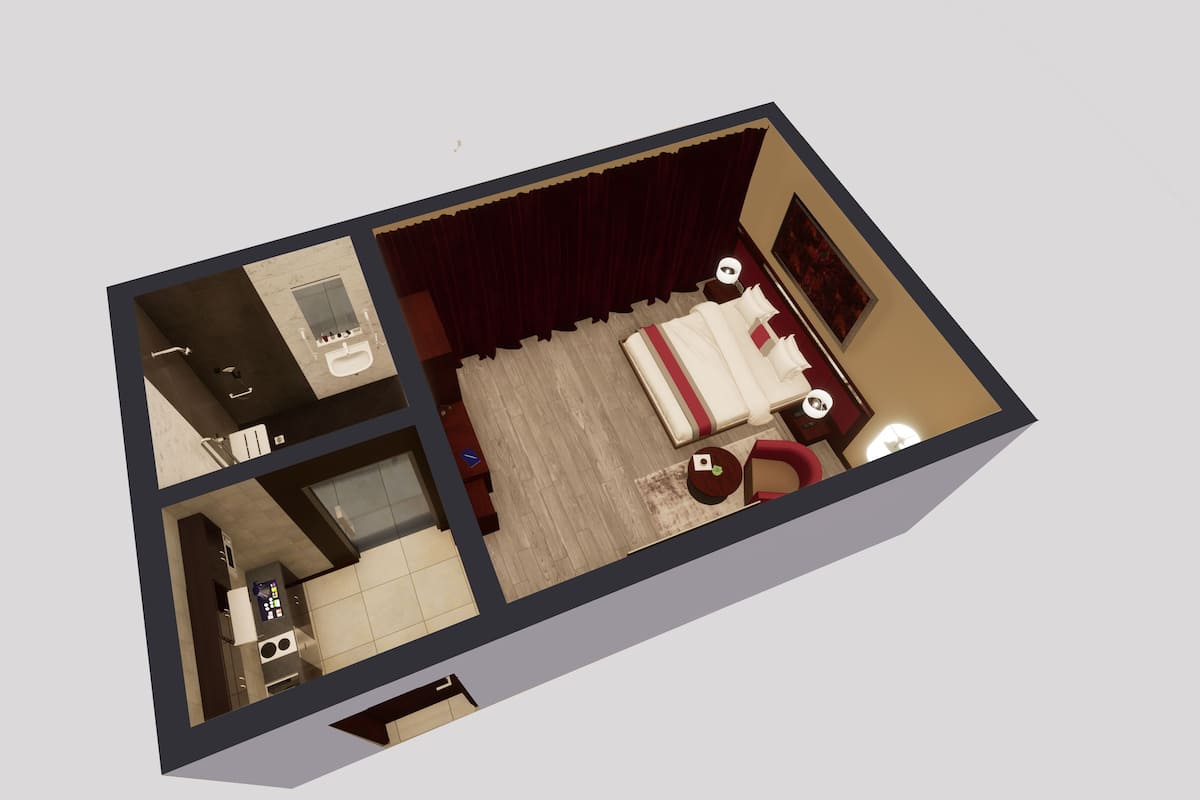 A 3D floor plan of a hotel room with a bed, a desk, a chair, a small table, a sofa, a window, and a bathroom.