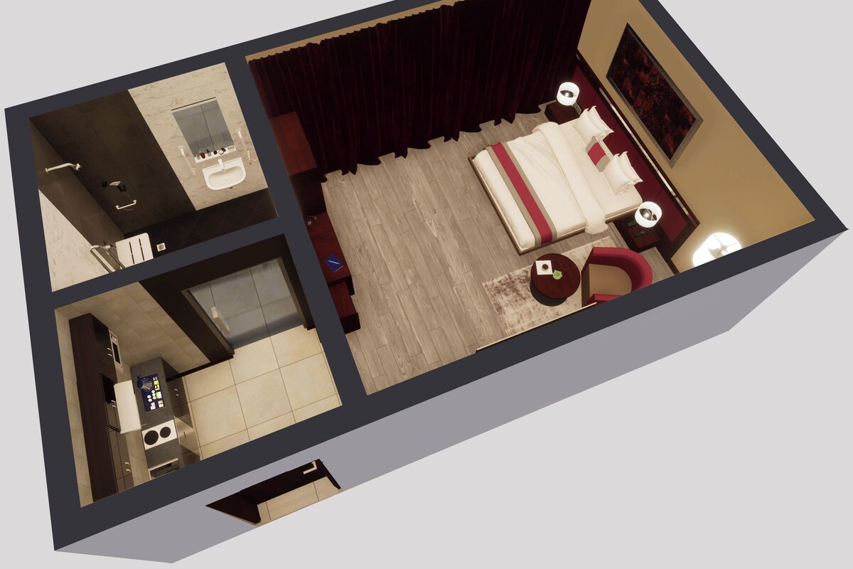 Un plan 3D d’une chambre d’hôtel comprenant un lit, un bureau, une chaise, une petite table, un canapé, une fenêtre et une salle de bain.
