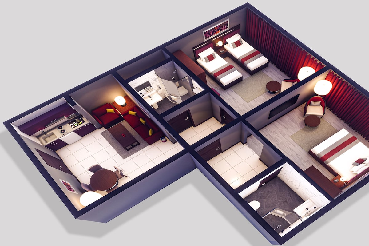A 3D floor plan of a hotel room with a kitchenette, a sitting area, a bedroom with two beds, and a bathroom.