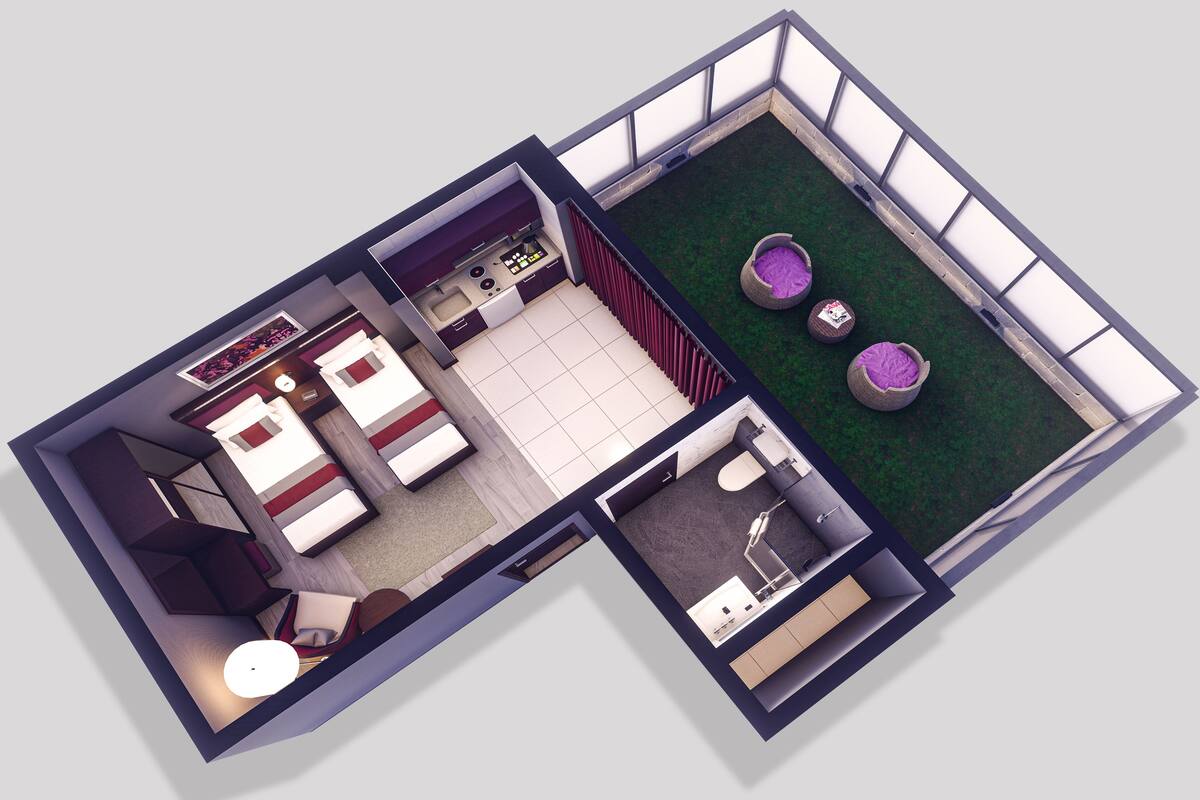 A 3D floor plan of a modern apartment with a living room, kitchen, two bedrooms, a bathroom, and a small balcony.