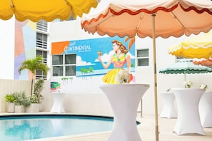 Outdoor pool, pool umbrellas, pool loungers