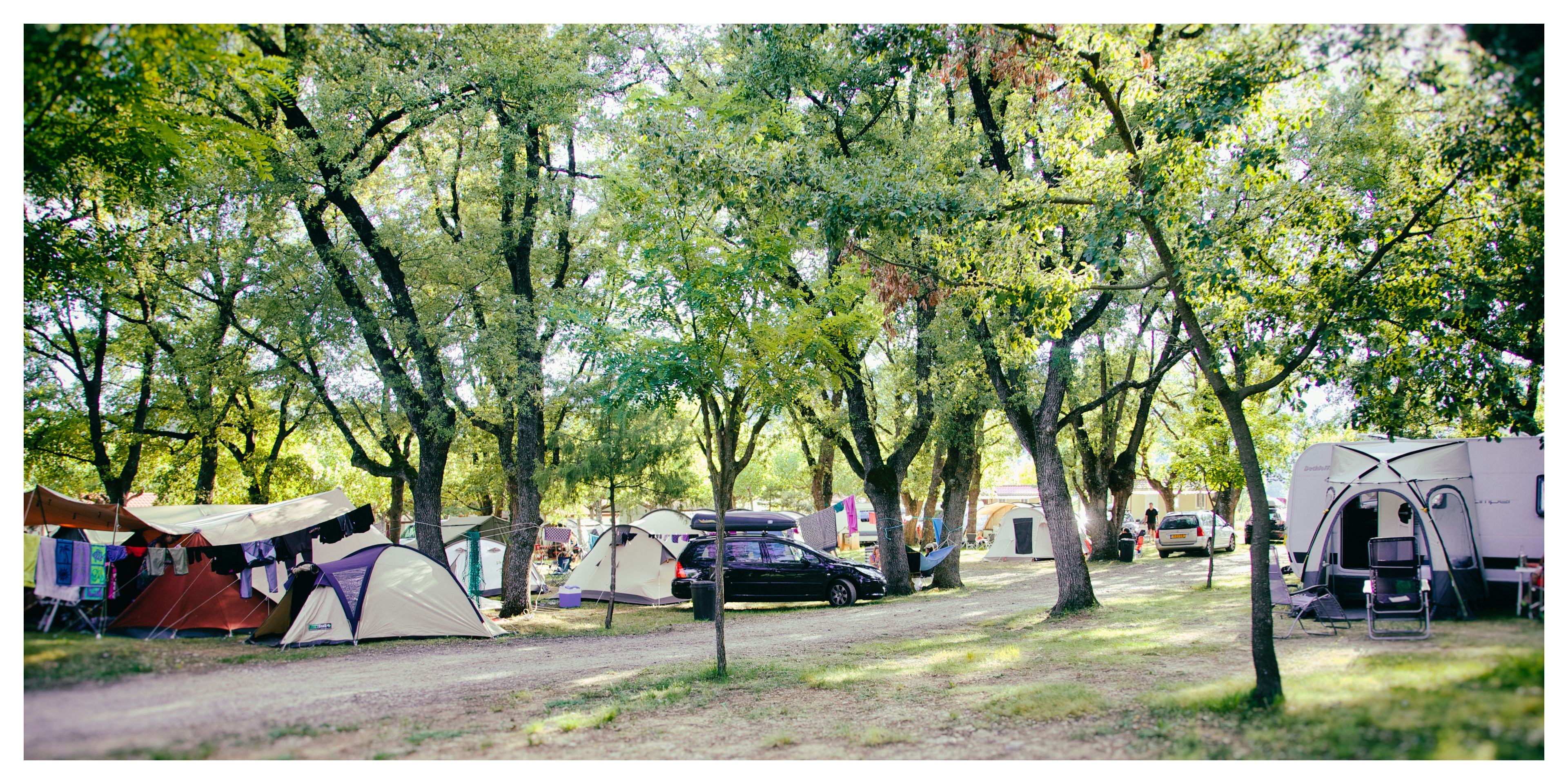 Un terrain de camping avec plusieurs tentes et une caravane, entouré d’arbres.