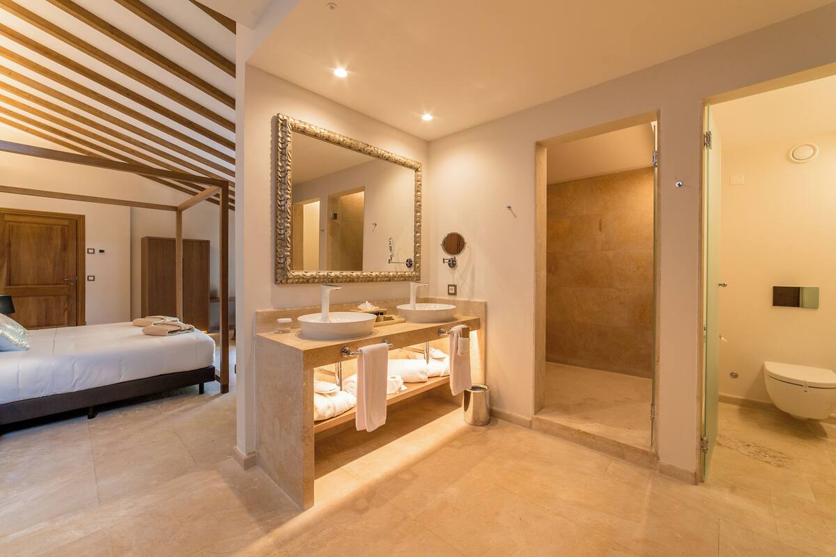 A modern bathroom with a large mirror, two sinks, and a shower area.