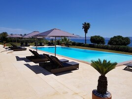 Outdoor pool, open 9 AM to 8 PM, pool loungers