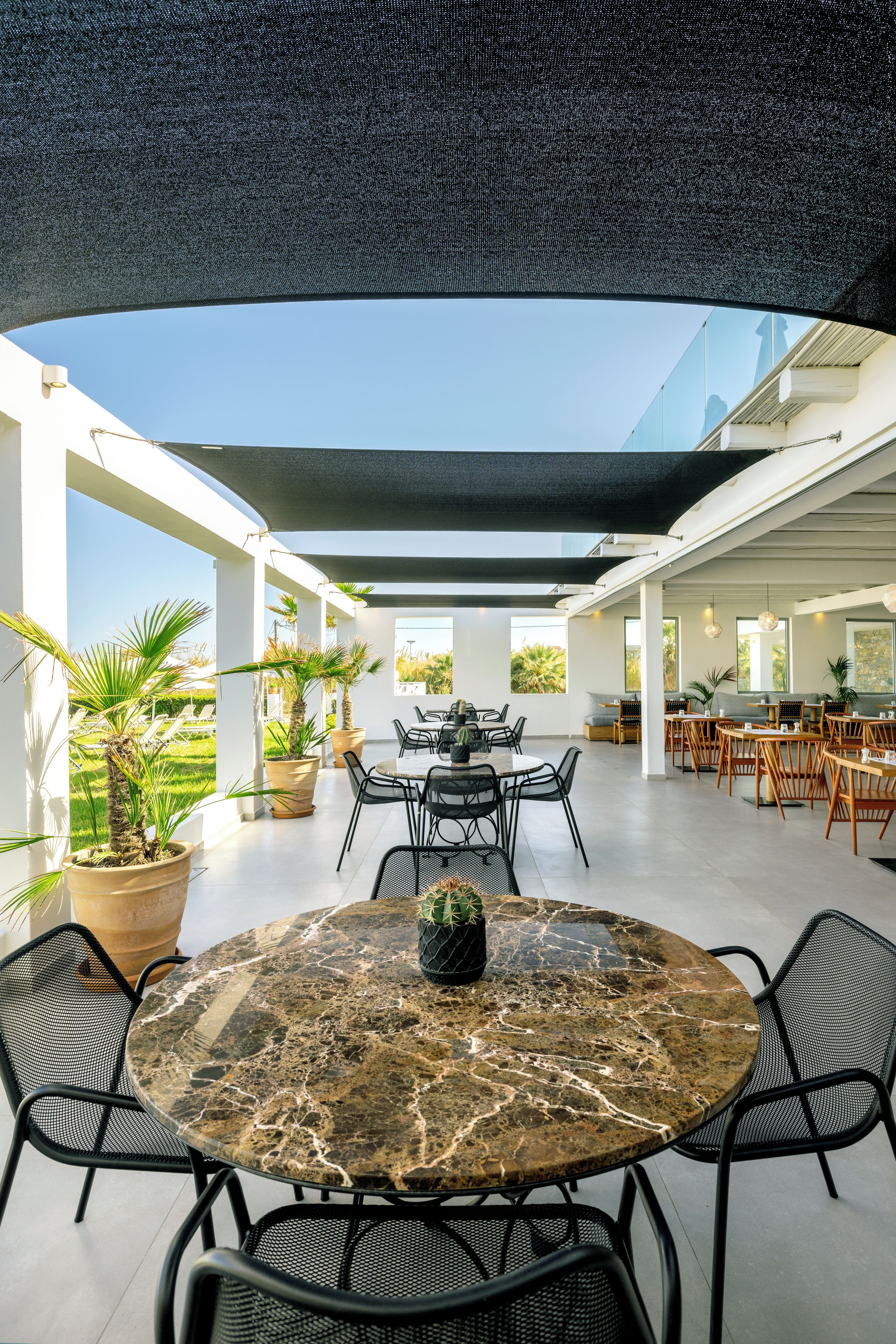 An outdoor dining area with round tables and chairs, surrounded by potted plants and a clear view of the sky.