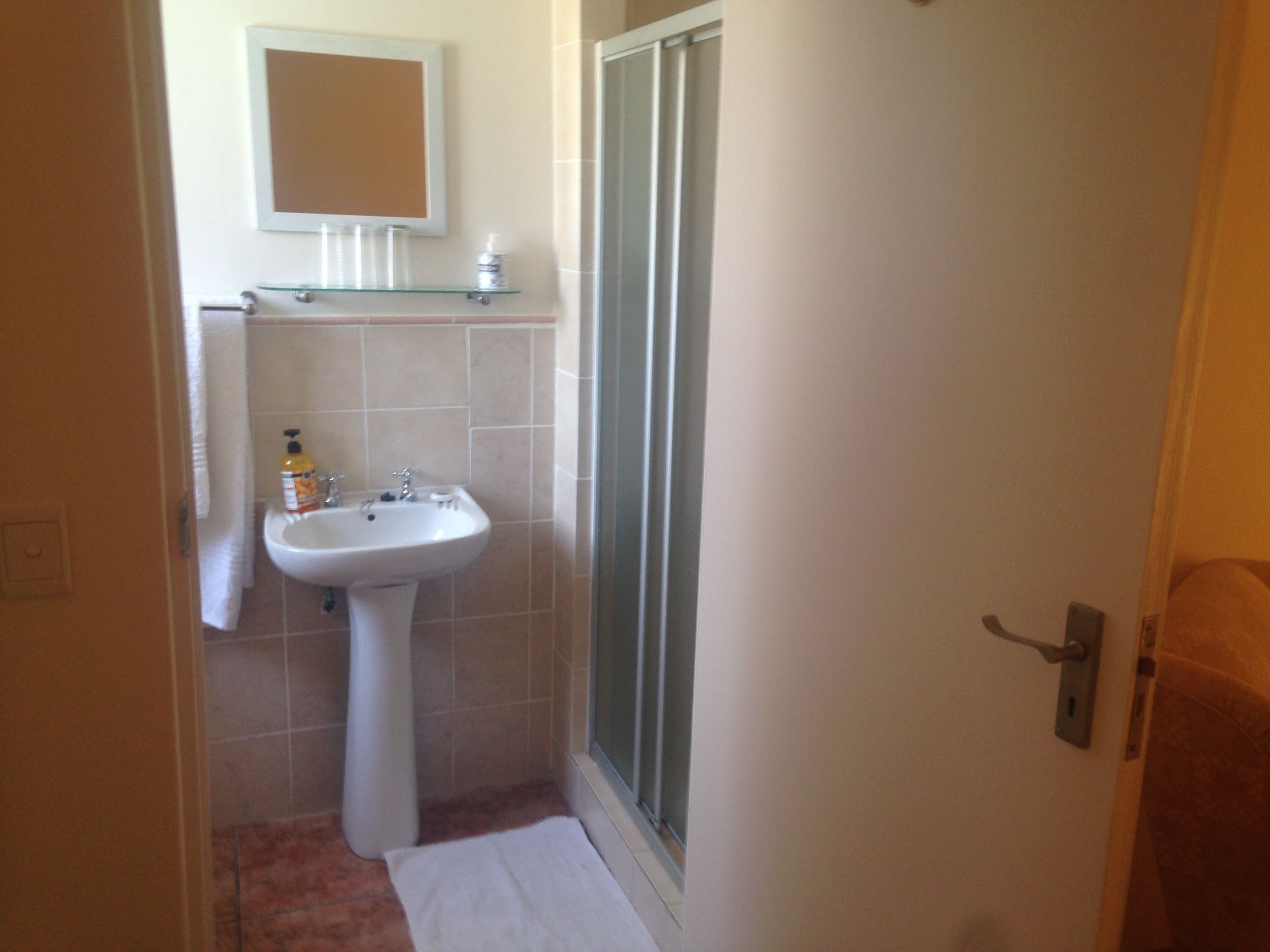 A bathroom with a pedestal sink, a glass shower enclosure, and a mirror above the sink.