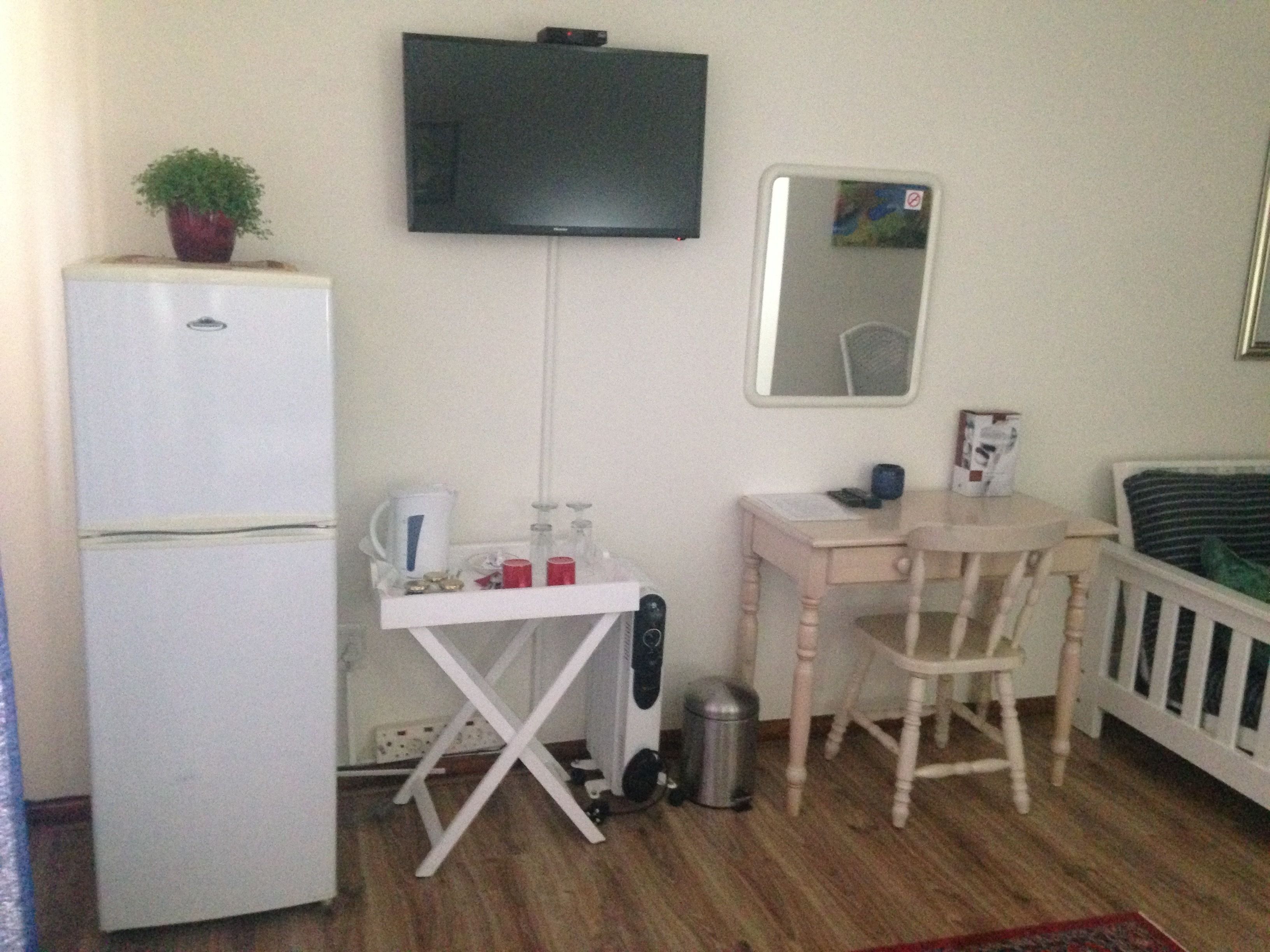 A compact room with a white refrigerator, a small table with a kettle, a chair, and a TV mounted on the wall.
