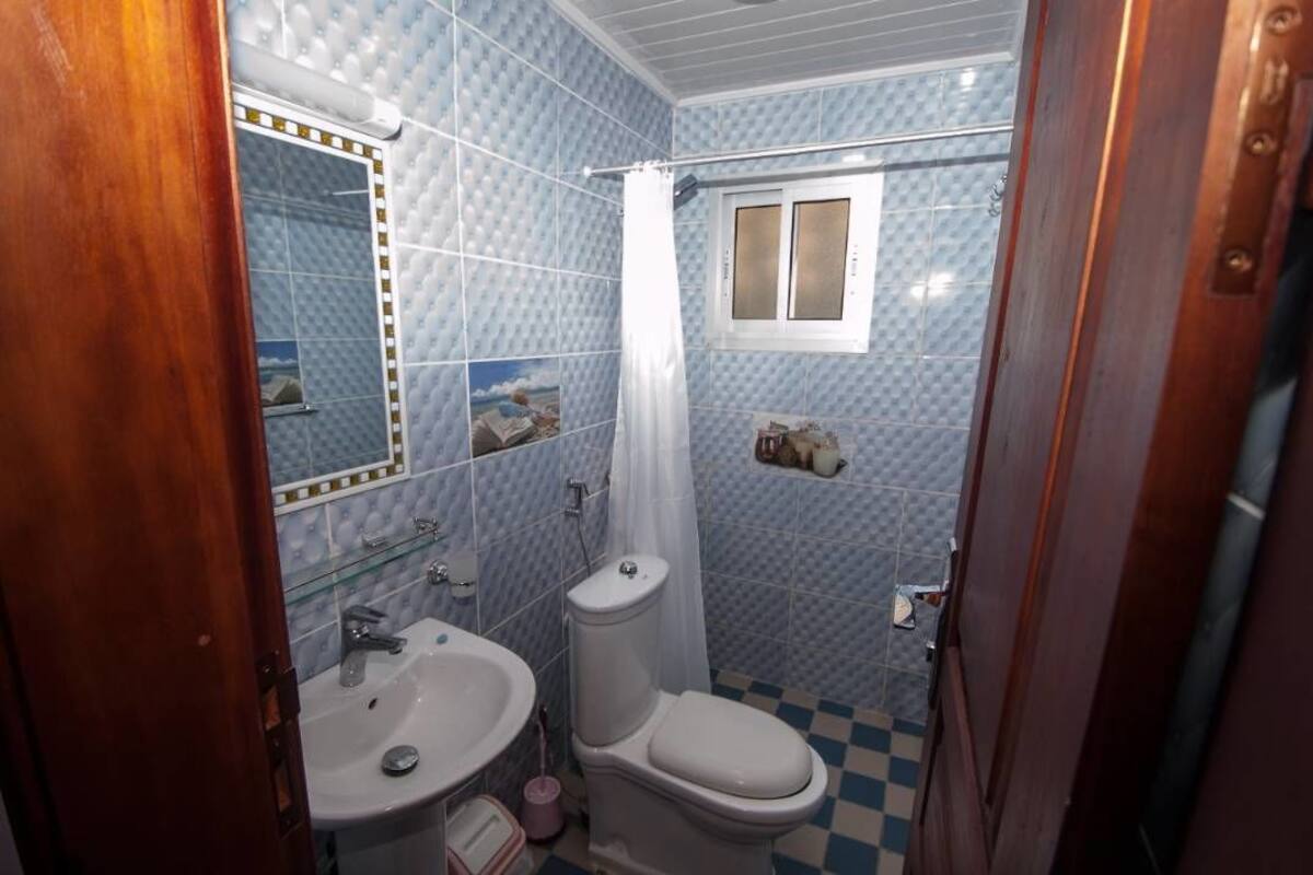 Une salle de bain équipée d’un lavabo, de toilettes et d’un rideau de douche.