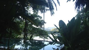 Una piscina circondata da vegetazione tropicale, con vista su una catena montuosa in lontananza.