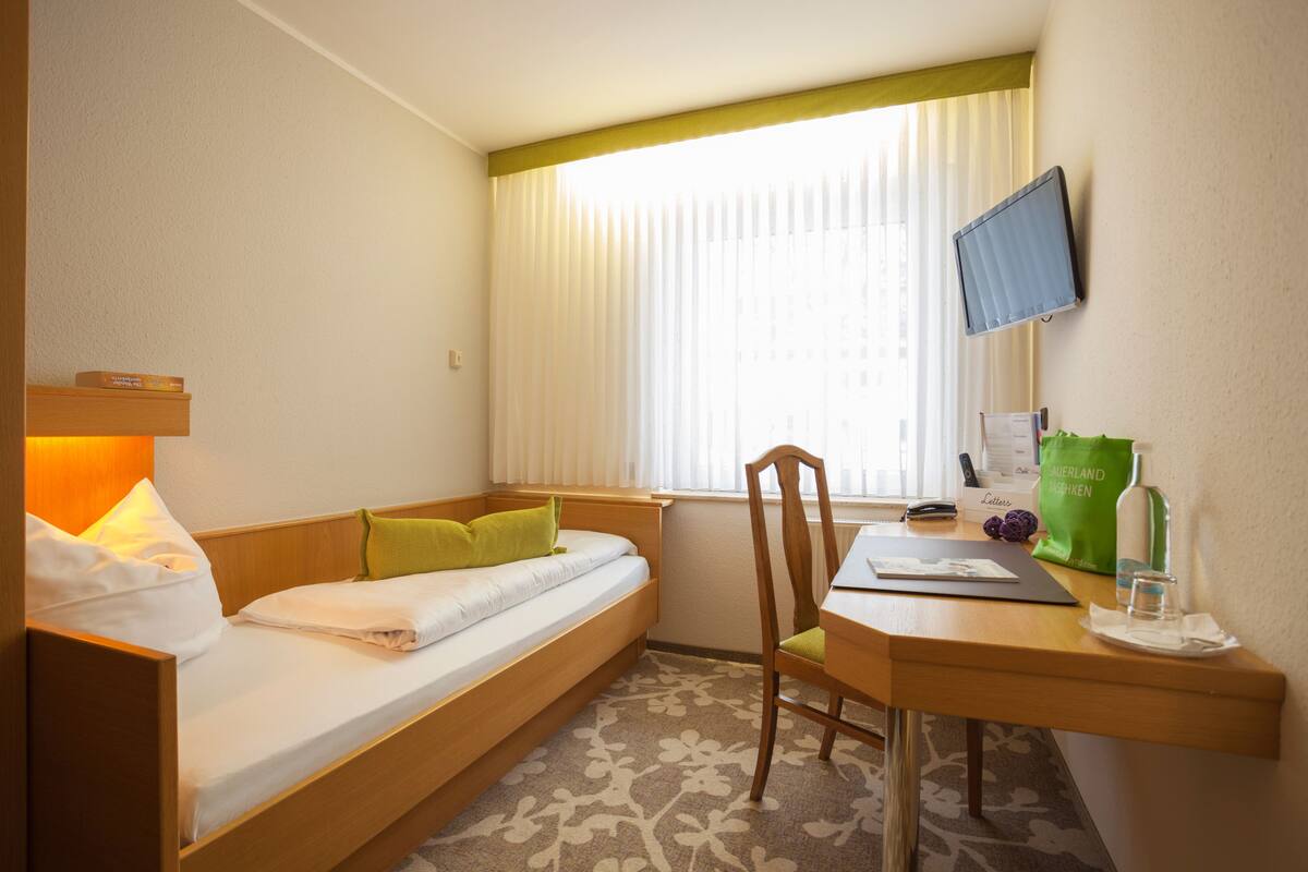 A hotel room with a bed, a desk, a chair, a television, and a window with curtains.