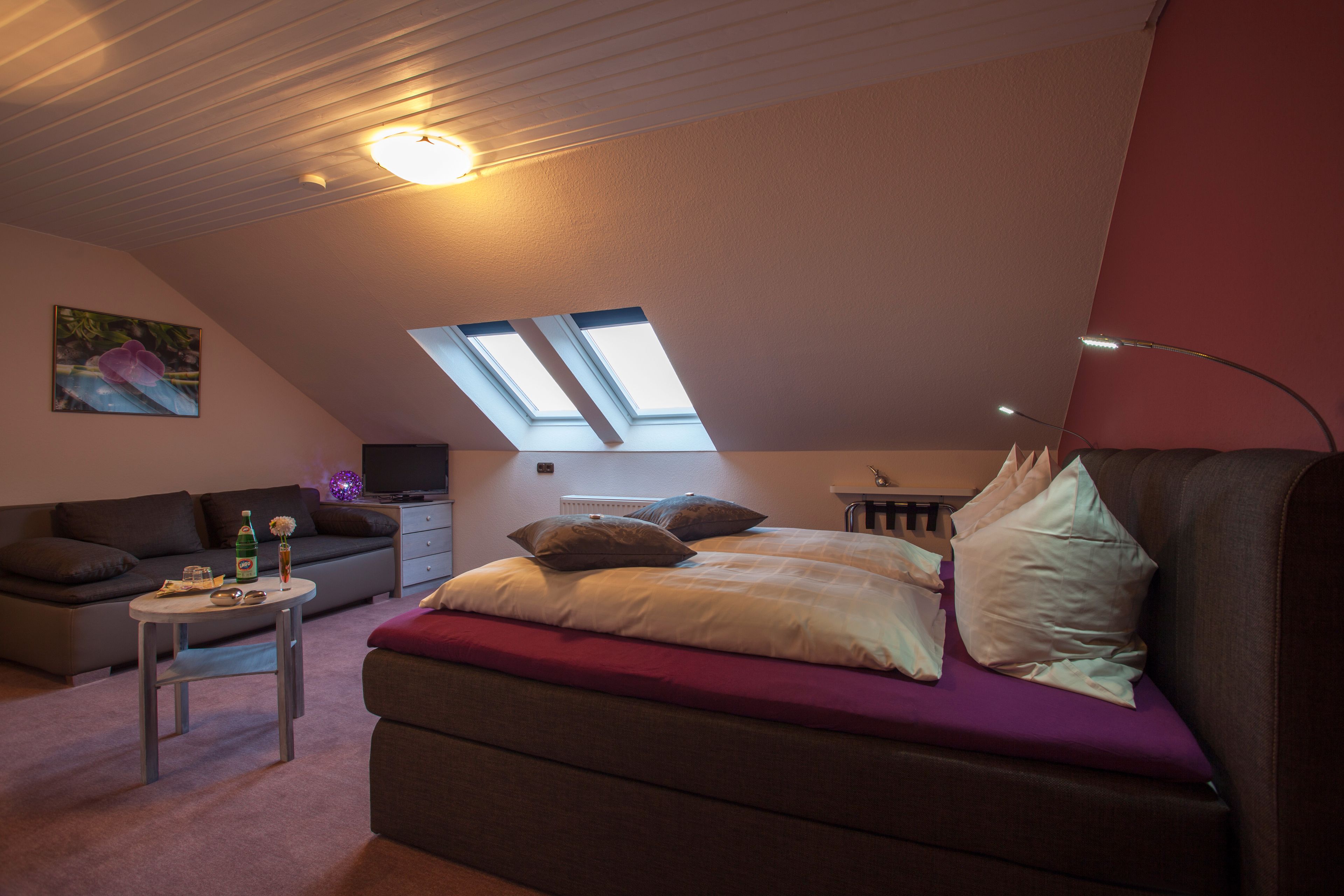 A bedroom with a sloped ceiling, skylights, a bed with pillows, a sofa, a small table, and a wall-mounted TV.