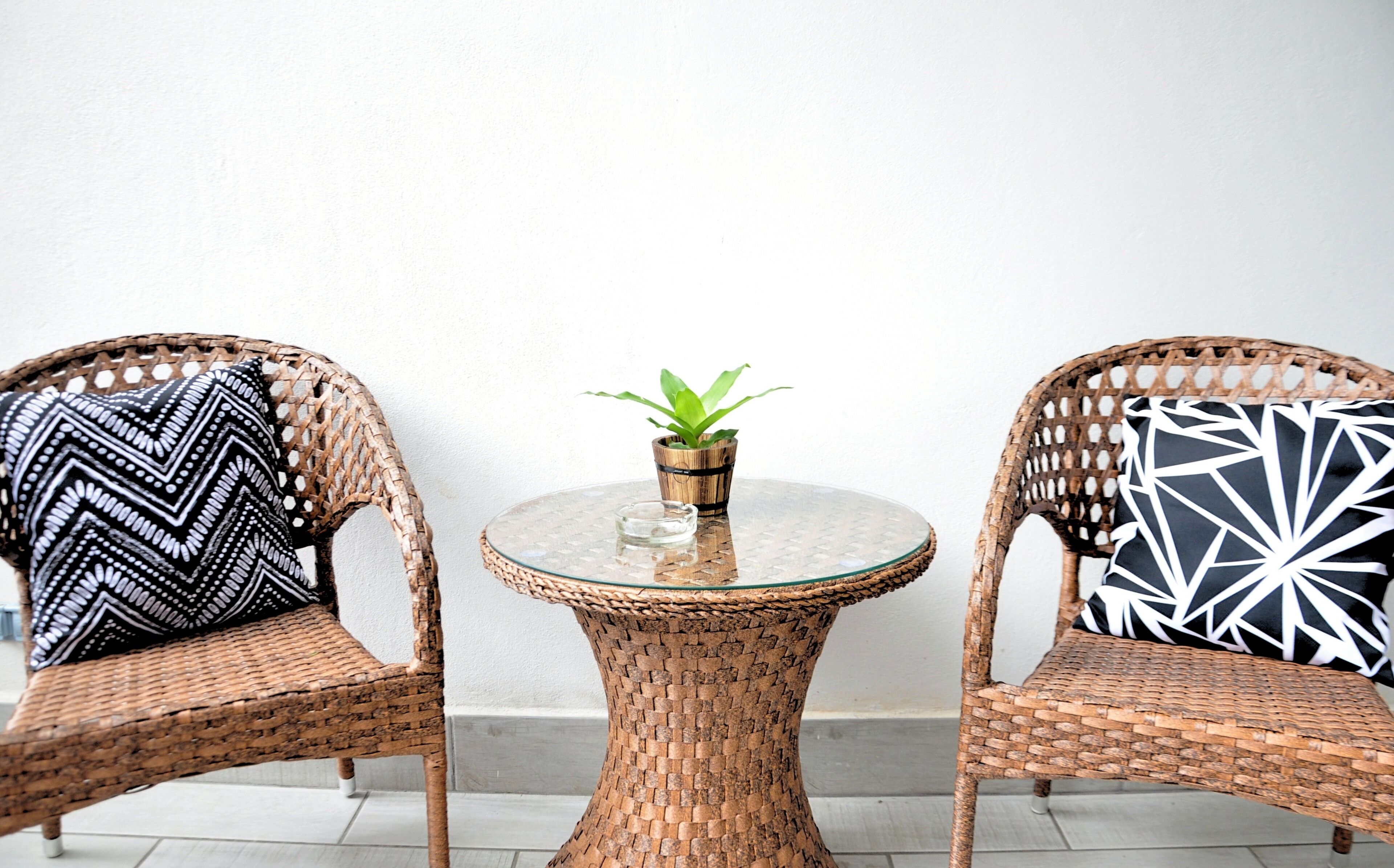 Twee rieten stoelen met opvallende kussens, een klein rond tafeltje met een glazen blad, en een plant in een pot.