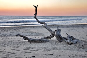 Vlak bij het strand, wit zand, parasols, strandlakens
