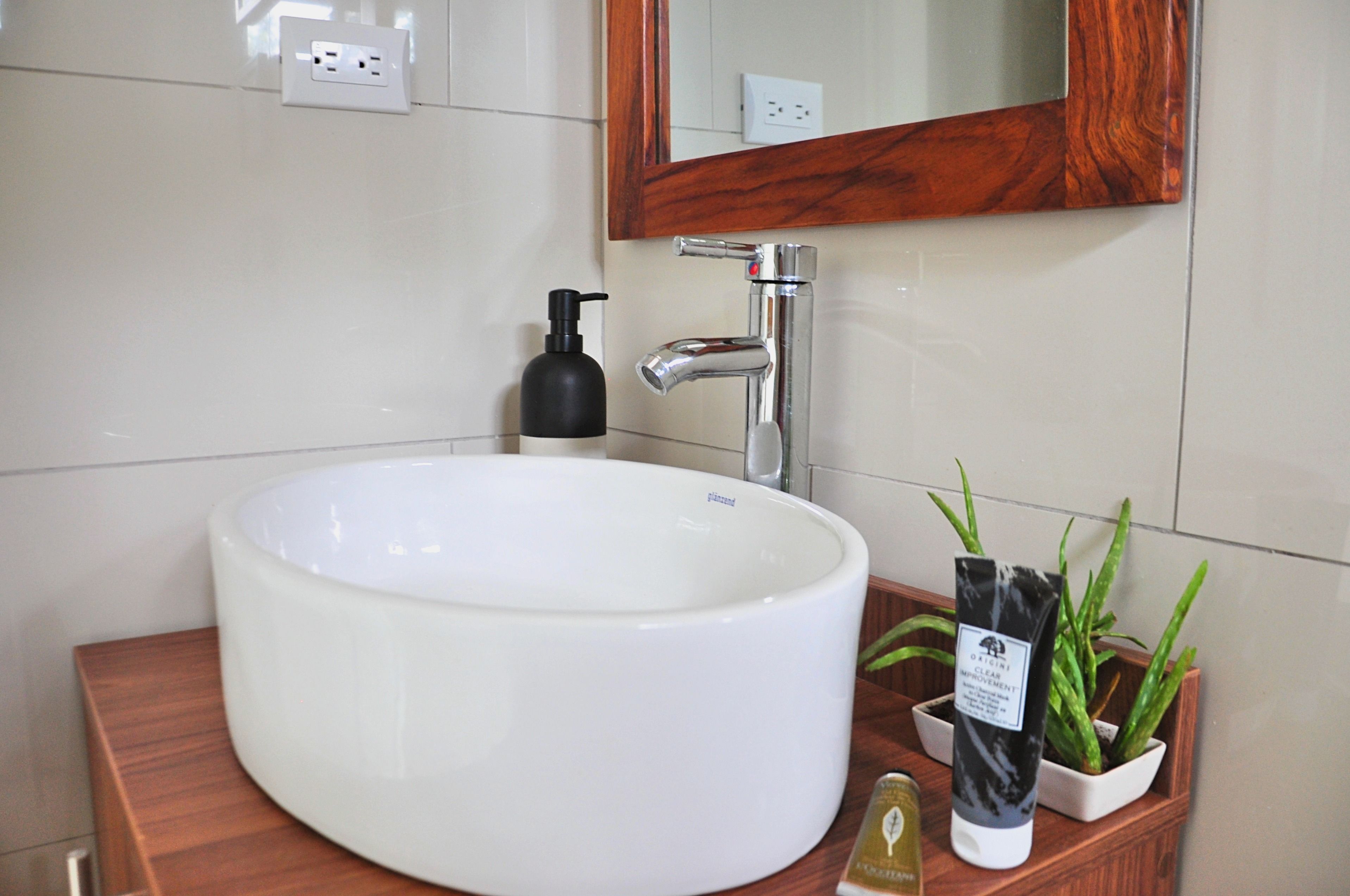 A bathroom with a white sink, a wooden vanity, a mirror with a wooden frame, a black soap dispenser, and two aloe vera plants in a white pot.