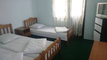A room with two single beds, a small wooden nightstand, a television, and a cabinet.