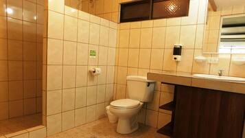 A bathroom with a toilet, sink, and shower area.