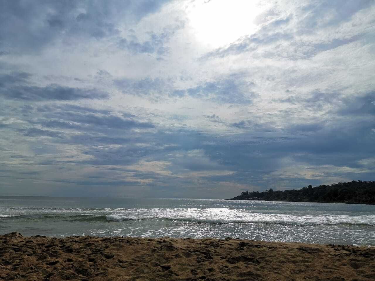 A beach with a rocky foreground and a forested hill in the background.