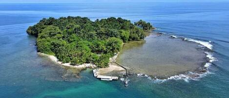 An aerial view of a tropical island with dense vegetation, clear waters, and a small dock.