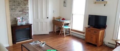 Smart TV, chimenea, reproductor de DVD y videoteca