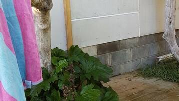 Een houten terras met een plant op de voorgrond en een witte muur op de achtergrond.