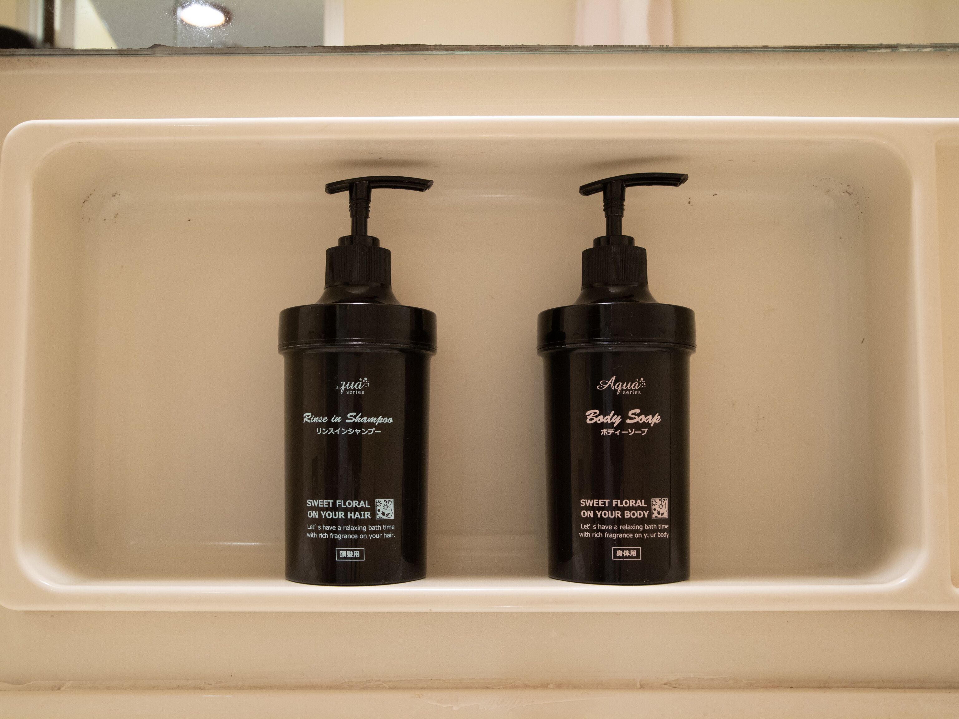 Dos botellas negras de champú y gel de baño Aqua en un lavamanos.