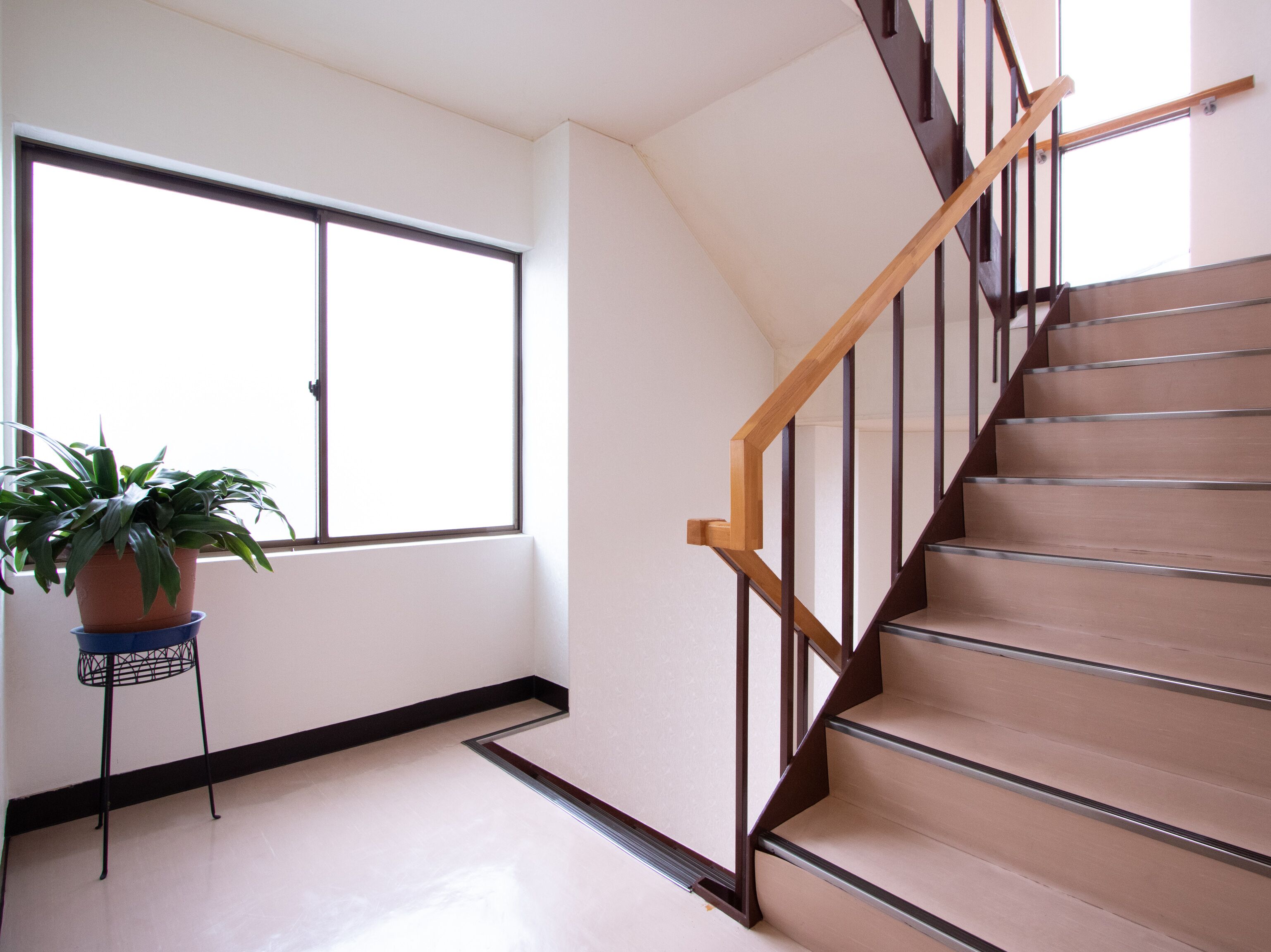 A staircase with wooden handrails and a potted plant beside a large window.