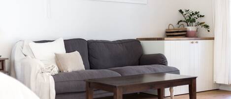 A living room with a grey sofa, a wooden coffee table, a white cabinet, and a plant on a shelf.