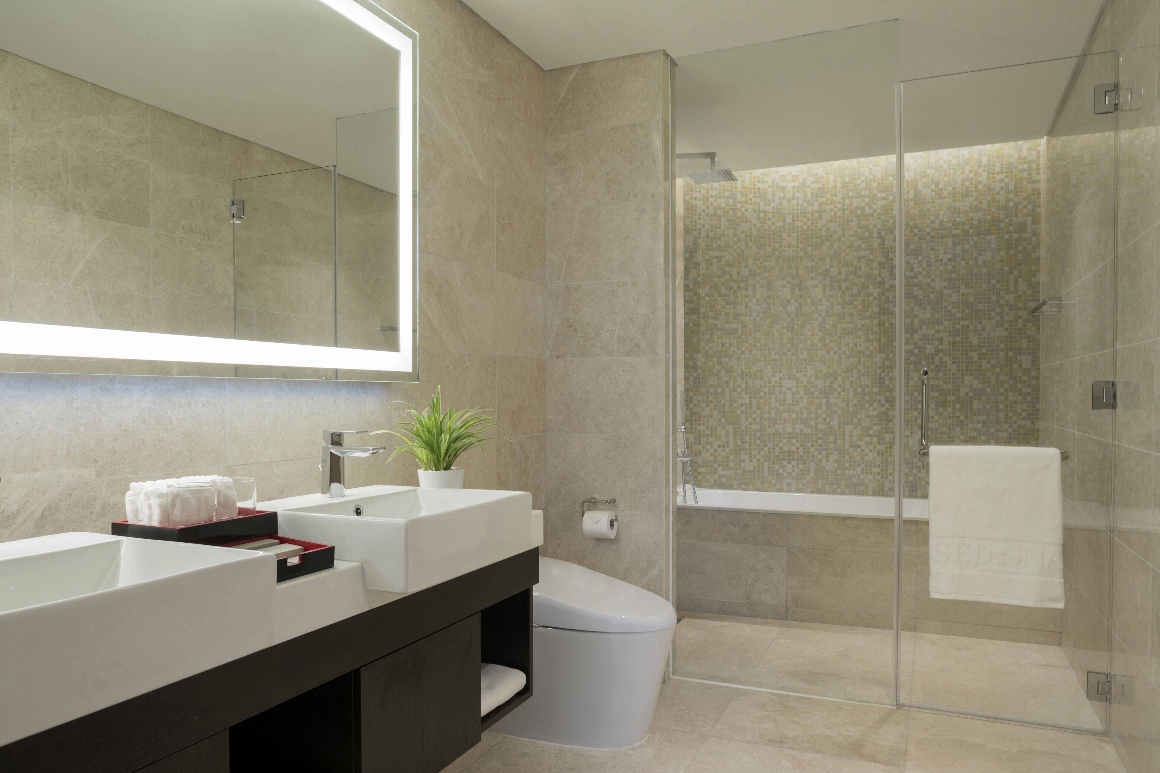 Une salle de bain moderne avec un grand miroir, un lavabo blanc et une douche à parois de verre.