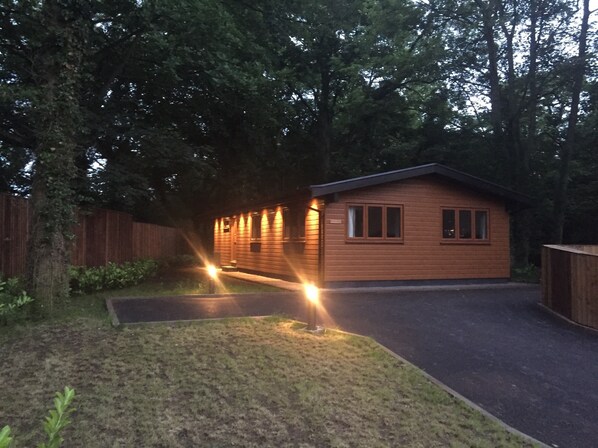 A small wooden cabin with a porch, surrounded by trees.