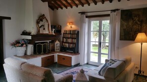 TV, fireplace, books, stereo